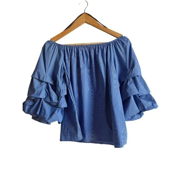 ZARA Woman Size Small Cobalt White Pinstripe Off the Shoulder Cropped Top - Picture 3 of 10